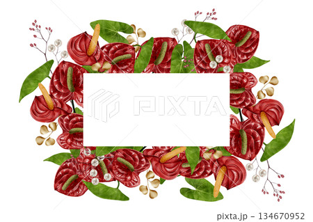 Floral frame with red anthurium watercolor illustration Floral frame with red anthurium watercolor illustration 134670952