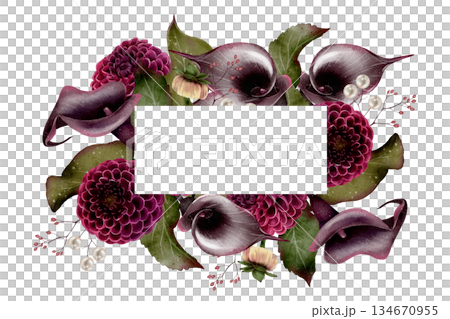 Floral frame with dark calla lilies and dahlias illustration 134670955