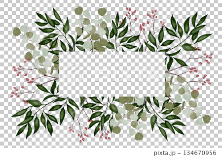 Watercolor greenery frame with eucalyptus leaves and red berries Watercolor greenery frame with eucalyptus leaves and red berries 134670956