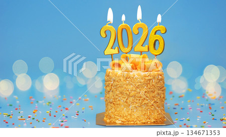 Happy New Year 2026, cute cake with golden ribbon with candle number 2026 for new year celebrate party was lit. blue background with light bokeh, horizontal Happy New Year 2026, cute cake with golden ribbon with candle number 2026 for new year celebrate party was lit. blue background with light bokeh, horizontal 134671353