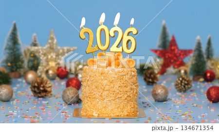 Happy New Year 2026, cute cake with golden ribbon with candle number 2026 for new year celebrate party was lit. decorate with Christmas ornament at blue background, horizontal 134671354