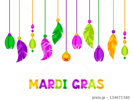 Mardi Gras party background with feathers and beads. Carnival illustration for traditional holiday or festival. Mardi Gras party background with feathers and beads. Carnival illustration for traditional holiday or festival. 134671380
