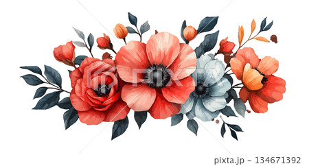 watercolor bouquet of roses and wildflowers isolated on white watercolor bouquet of roses and wildflowers isolated on white 134671392