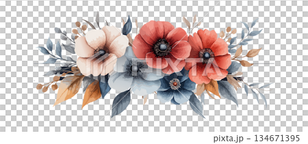 watercolor bouquet of flowers and leaves watercolor bouquet of flowers and leaves 134671395