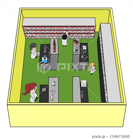 ラボで働く人々を上から見たシンプルなイラスト 134671600