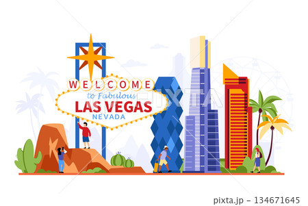 Las Vegas Welcome Sign And Skyline - Colorful Flat Design Illustration Las Vegas Welcome Sign And Skyline - Colorful Flat Design Illustration 134671645