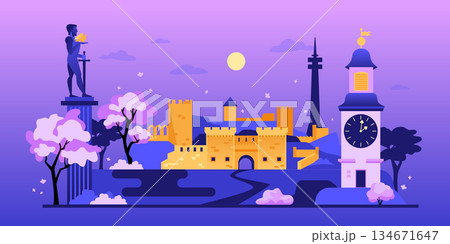 Belgrade and Petrovaradin - colorful flat design illustration Belgrade and Petrovaradin - colorful flat design illustration 134671647