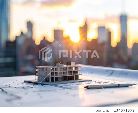 Architectural design concept with a miniature building on blueprint Architectural design concept with a miniature building on blueprint 134671678