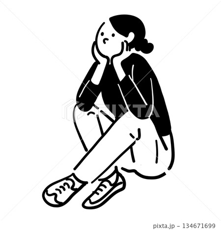 座って上を見上げる女性　線画　ベクター 134671699
