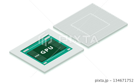 HBMを搭載したGPU基盤構造のアイソメトリックイラスト 裏表で見るAI向け高速メモリ配置 134671752