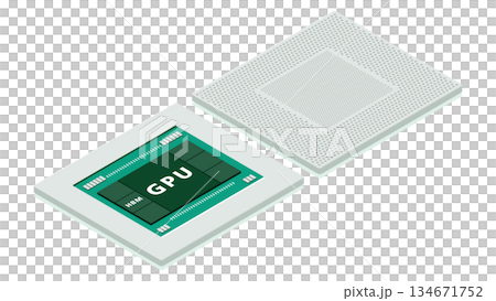 HBMを搭載したGPU基盤構造のアイソメトリックイラスト 裏表で見るAI向け高速メモリ配置 134671752