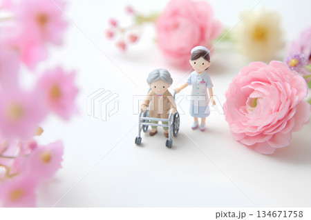 花咲く中でリハビリに励む人と介護士の散歩風景（3D） 134671758