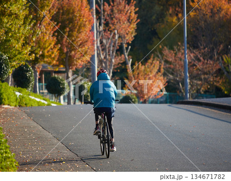 秋の公園で自転車を乗る通勤中の女性の姿と紅葉の風景 秋の公園で自転車を乗る通勤中の女性の姿と紅葉の風景 134671782