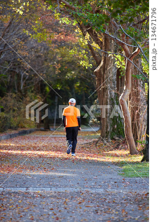 秋の公園でジョギングしている中年男性の姿と朝の紅葉の風景 秋の公園でジョギングしている中年男性の姿と朝の紅葉の風景 134671796