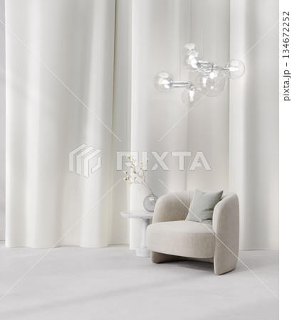 Modern concept with armchairs, light and wall panels, 3d rendering 134672252