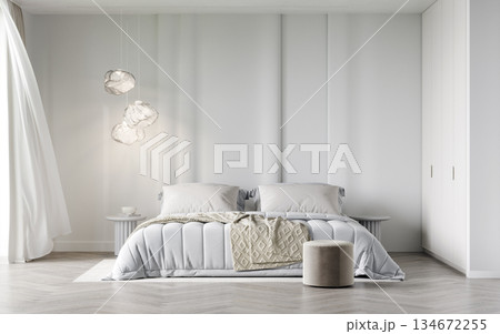Bedroom in white tone Cloud dancer color trend 2026 year, pantone  3d render 134672255