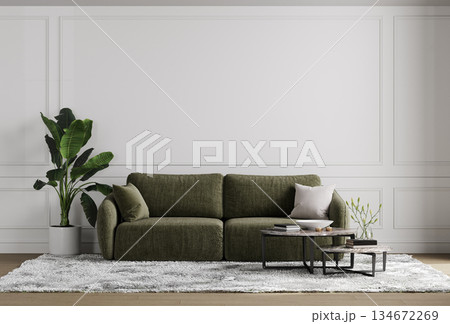 Stylish living room interior with green sofa mock up, modern interior background, empty white wall mockup, 3d illustration 134672269