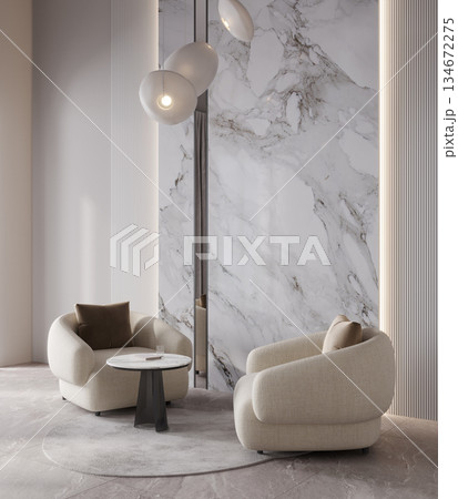Elegance hall interior with armchair, lamp and marble panel, 3d rendering Elegance hall interior with armchair, lamp and marble panel, 3d rendering 134672275