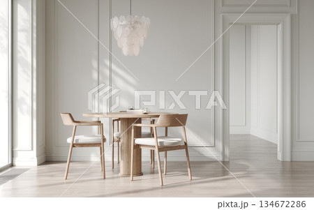 Empty clean white living room with dining furniture, pantone, 3d render 134672286