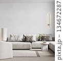 Classic pantone white interior with sofa, coffee tables and wall light. 3d illustration mockup. 134672287