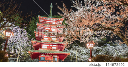 春の新倉山浅間公園の夜景 ライトアップされた忠霊塔と桜【山梨県・富士吉田市】 春の新倉山浅間公園の夜景 ライトアップされた忠霊塔と桜【山梨県・富士吉田市】 134672492