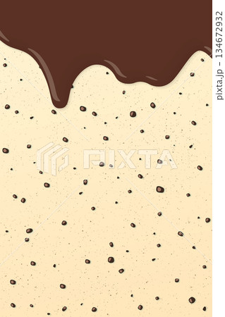 Melt chocolate pouring on vanilla chocolate chip ice cream texture vertical background graphic illustration. Melt chocolate pouring on vanilla chocolate chip ice cream texture vertical background graphic illustration. 134672932
