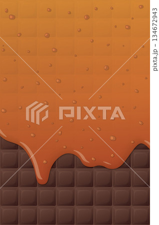 Melt salted caramel pouring on chocolate bar pattern vertical background graphic illustration. 134672943