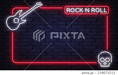 Bold neon vector frame with electric guitar and skull elements. Designed for rock concerts, music posters, and club promotions. Bold neon vector frame with electric guitar and skull elements. Designed for rock concerts, music posters, and club promotions. 134673513