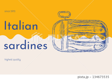 Italian sardines vintage seafood poster with hand drawn fish illustration 134673535