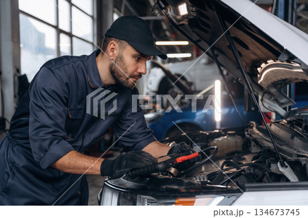 View from the side, opened hood. Mechanic working in a car service station View from the side, opened hood. Mechanic working in a car service station 134673745