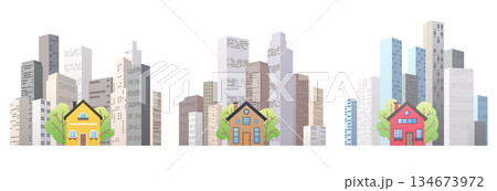 City posters set. Building for rent or sale. Options concept for leasing or selling commercial properties. Houses at metropolis Modern city landscape. Vector illustration 134673972