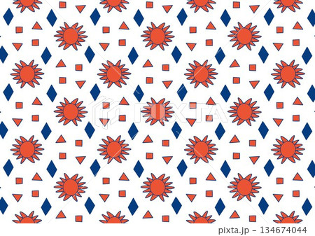 Seamless geometric pattern with red suns and blue diamonds Seamless geometric pattern with red suns and blue diamonds 134674044