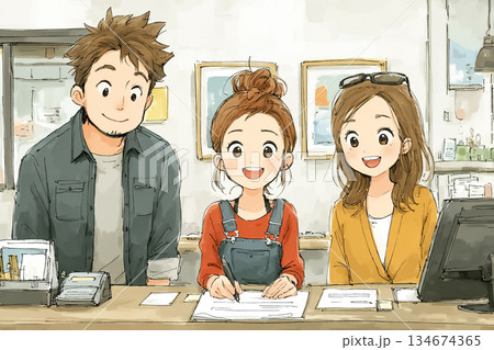 カウンターで書類を記入する男女の相談シーン 134674365