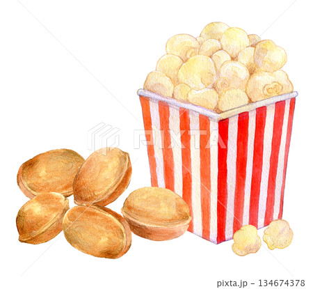 水彩イラスト　ポップコーンとベビーカステラ 134674378