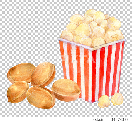 水彩イラスト　ポップコーンとベビーカステラ 134674378