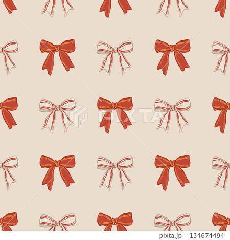 Vector red and pink bows seamless pattern. Hand-drawn gift bow isolated on beige background. Holiday illustration for design, print, fabric or background. Vector red and pink bows seamless pattern. Hand-drawn gift bow isolated on beige background. Holiday illustration for design, print, fabric or background. 134674494