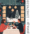 Christmas card in nordic style. Christmas dinner with family in a cozy house Illustration 134674539