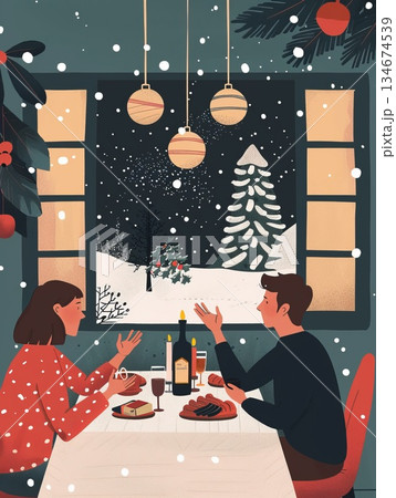Christmas card in nordic style. Christmas dinner with family in a cozy house Illustration Christmas card in nordic style. Christmas dinner with family in a cozy house Illustration 134674539