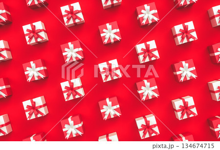 Christmas gift box pattern on red background. 3d rendering Christmas gift box pattern on red background. 3d rendering 134674715