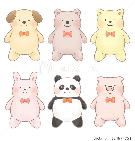 やさしい手描き風の動物イラストセット（いぬ・くま・ねこ・うさぎ・ぱんだ・ぶた） 134674751