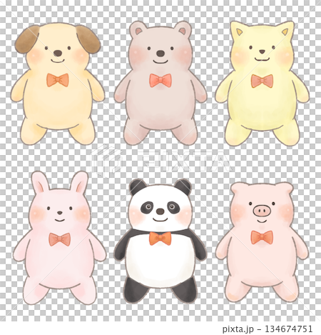 やさしい手描き風の動物イラストセット（いぬ・くま・ねこ・うさぎ・ぱんだ・ぶた） 134674751