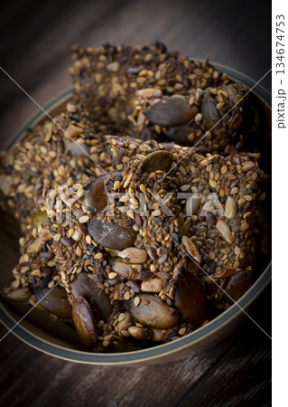 Healthy Pumpkin Seeds Cookies Crackers Isolated, Healthy Cereal Crackers, Homemade Pumpkin Seed Healthy Pumpkin Seeds Cookies Crackers Isolated, Healthy Cereal Crackers, Homemade Pumpkin Seed 134674753