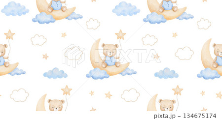 Seamless pattern with cute bear sitting on moon, perfect for boy nursery decor, and baby fabric, hand drawn illustrations on white background Seamless pattern with cute bear sitting on moon, perfect for boy nursery decor, and baby fabric, hand drawn illustrations on white background 134675174