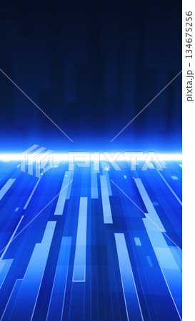 Futuristic digital landscape with glowing lines and abstract geometry. Vertical sci-fi illustration inspired by data grids, virtual worlds and advanced technology visuals. 134675256