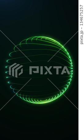 Vertical neon green fiber orb on dark background. Abstract futuristic illustration representing virtual technology, glowing energy and digital transformation concepts. 134675257