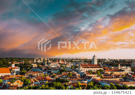 Sunset Sunrise Cityscape Of Vilnius, Lithuania In Summer. Beautiful Panoramic View Of Old Town In Evening 134675421