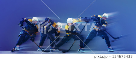 Sequence composition of hockey player motion on blue background. 134675435