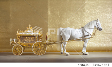 白馬と金の馬車｜金屏風を背にした格式高い縁起物イメージ 134675561