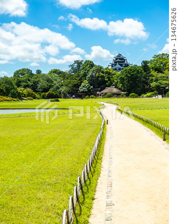 夏の岡山 後楽園の清々しい景色 芝生の広場と岡山城 夏の岡山 後楽園の清々しい景色 芝生の広場と岡山城 134675626