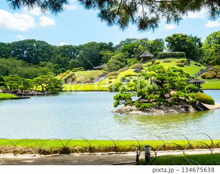 夏の岡山　後楽園の清々しい景色　沢の池と唯心山 134675638